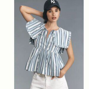 Damson Madder Sailor Blouse Womens 4 Blue White Stripe Ruffle Tie Neck NWT